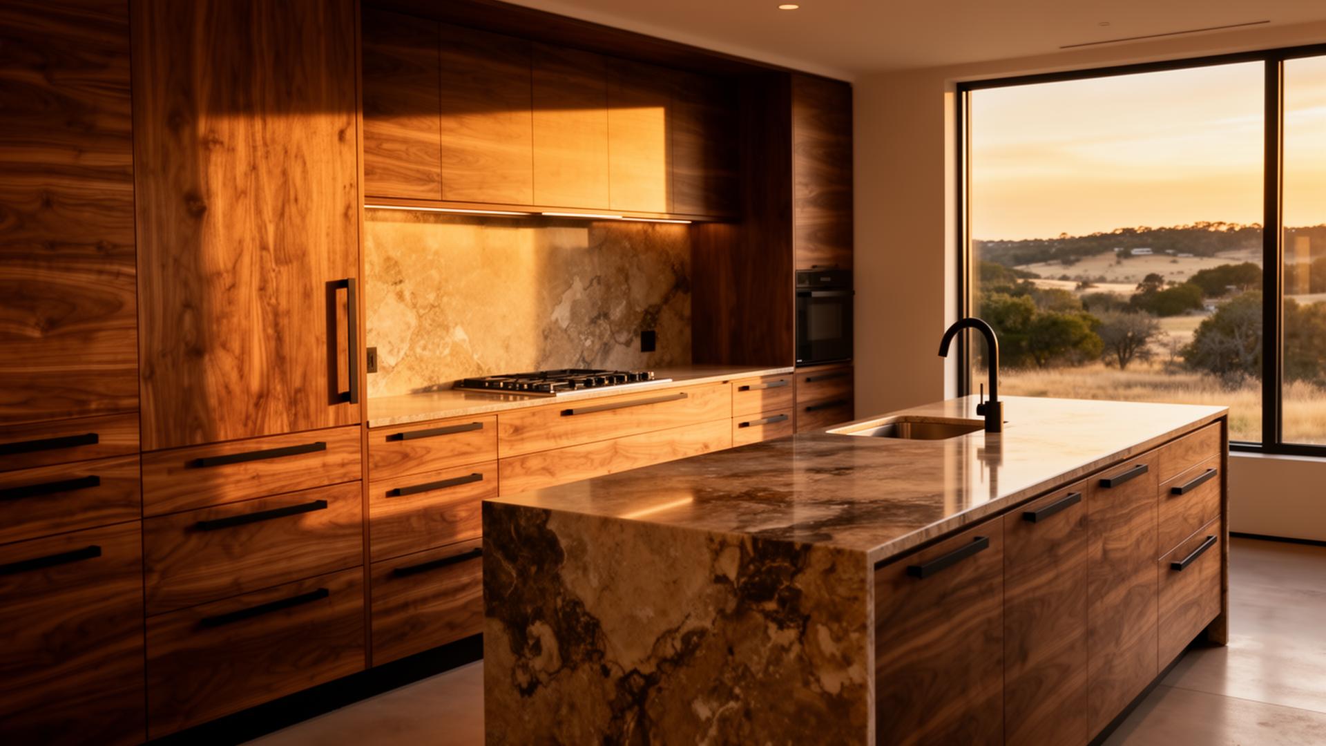 Luxury custom walnut kitchen with Texas Hill Country view at golden hour